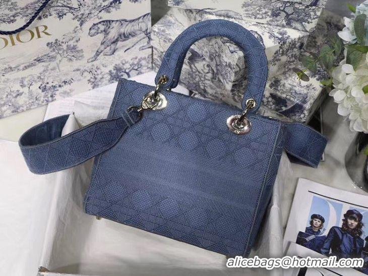 Shop Duplicate DIOR MEDIUM LADY D-LITE BAG Dark Denim Blue Cannage Embroidery M0565OREY