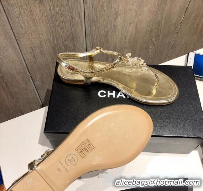 Cheap Chanel Metallic Lambskin Sandals With Crystal CC Logo C80561 Gold 2020