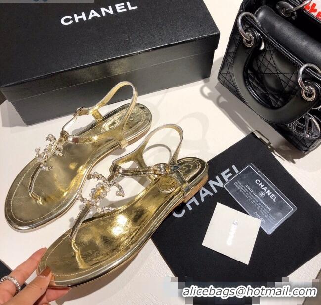 Cheap Chanel Metallic Lambskin Sandals With Crystal CC Logo C80561 Gold 2020