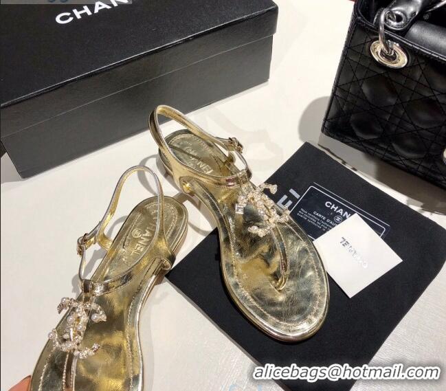 Cheap Chanel Metallic Lambskin Sandals With Crystal CC Logo C80561 Gold 2020