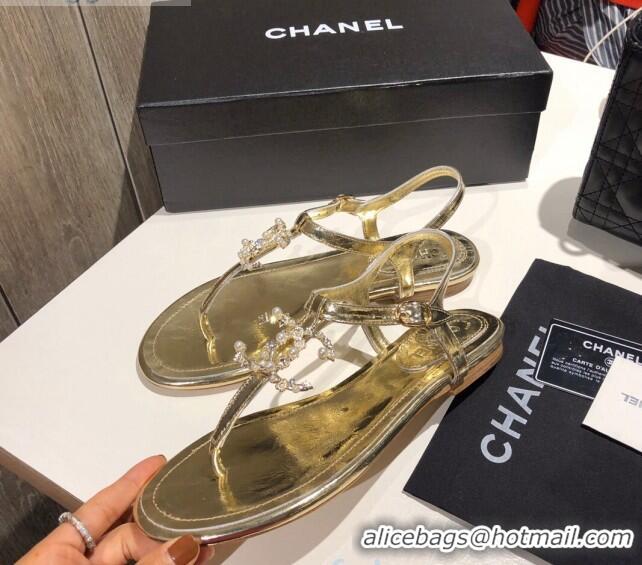 Cheap Chanel Metallic Lambskin Sandals With Crystal CC Logo C80561 Gold 2020