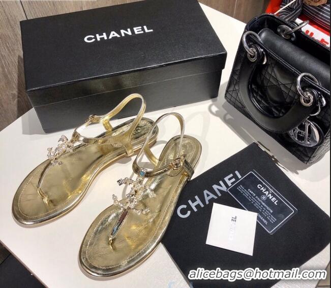 Cheap Chanel Metallic Lambskin Sandals With Crystal CC Logo C80561 Gold 2020