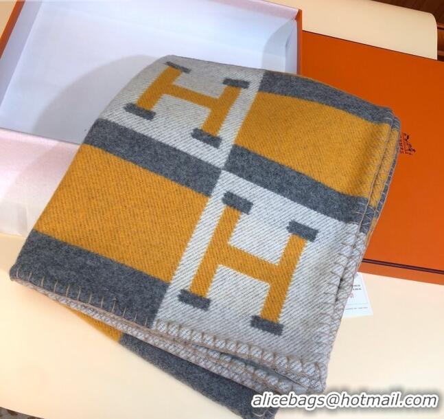 Sumptuous Hermes Wool Cashmere H Checker Blanket 180x135cm 81630 Yellow 