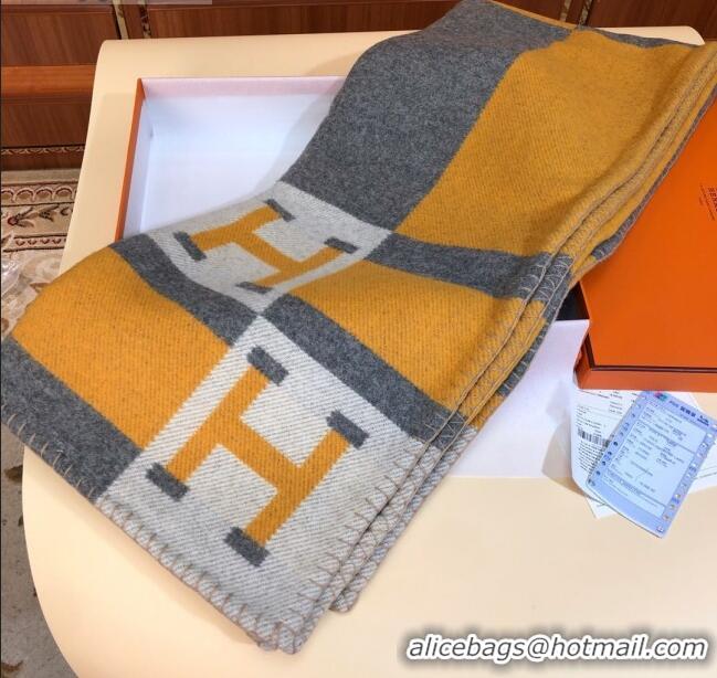 Sumptuous Hermes Wool Cashmere H Checker Blanket 180x135cm 81630 Yellow 