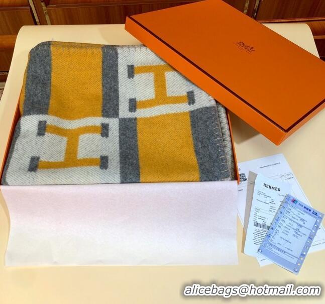 Sumptuous Hermes Wool Cashmere H Checker Blanket 180x135cm 81630 Yellow 