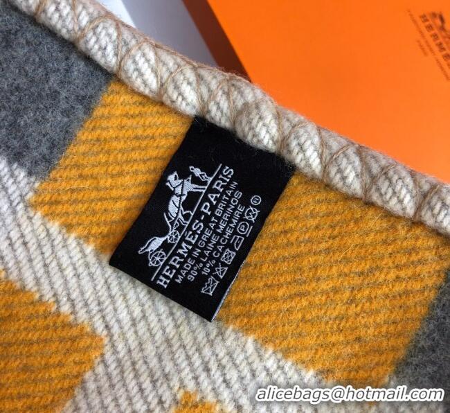 Sumptuous Hermes Wool Cashmere H Checker Blanket 180x135cm 81630 Yellow 