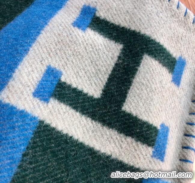 Charming Hermes Wool Cashmere H Checker Blanket 180x135cm 81630 Blue