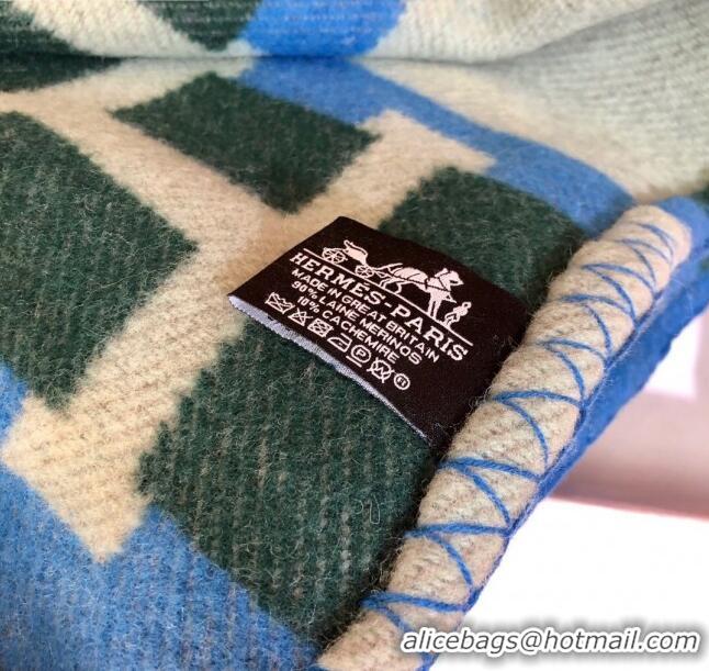 Charming Hermes Wool Cashmere H Checker Blanket 180x135cm 81630 Blue