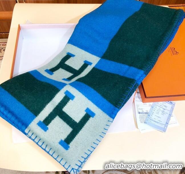 Charming Hermes Wool Cashmere H Checker Blanket 180x135cm 81630 Blue