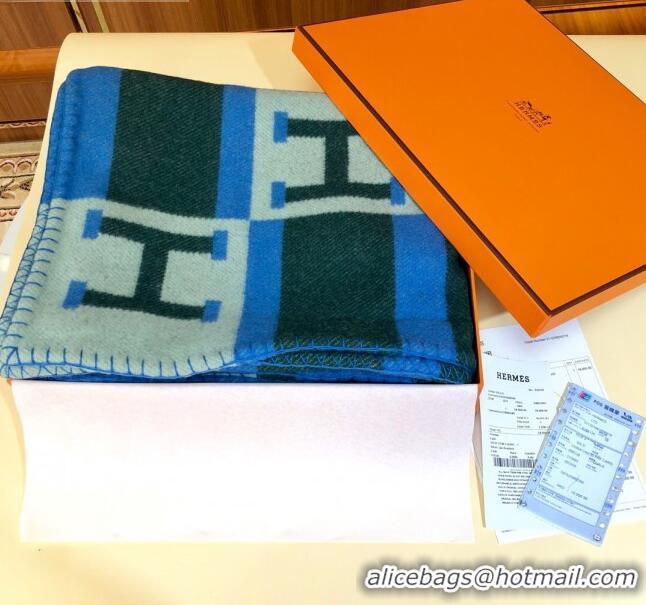 Charming Hermes Wool Cashmere H Checker Blanket 180x135cm 81630 Blue