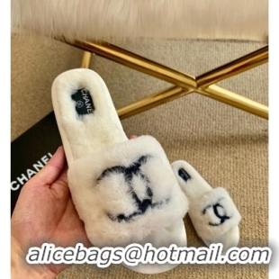 Top Quality Chanel Wool Flat Sandals CC0602 White/Black 2020