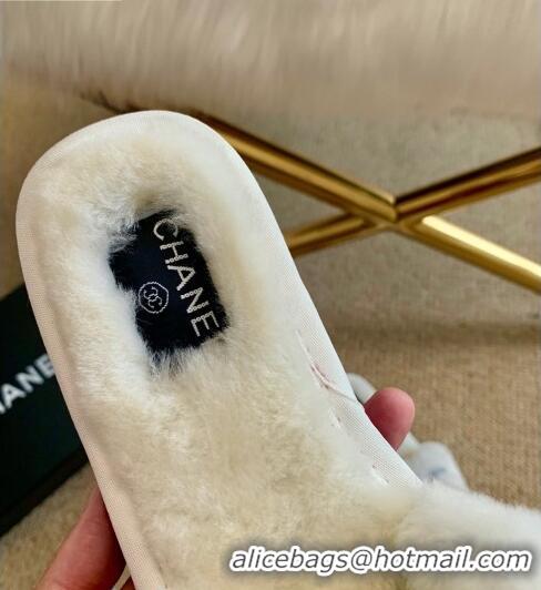 Top Quality Chanel Wool Flat Sandals CC0602 White/Black 2020