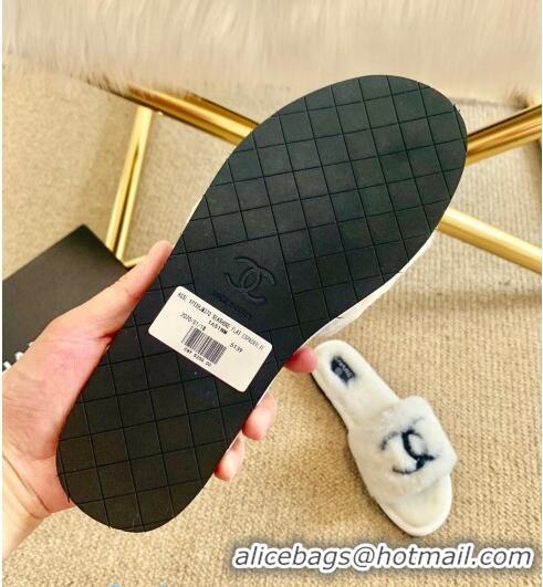 Top Quality Chanel Wool Flat Sandals CC0602 White/Black 2020