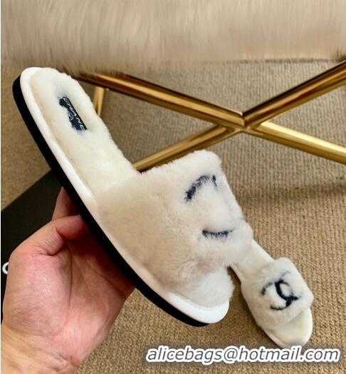 Top Quality Chanel Wool Flat Sandals CC0602 White/Black 2020