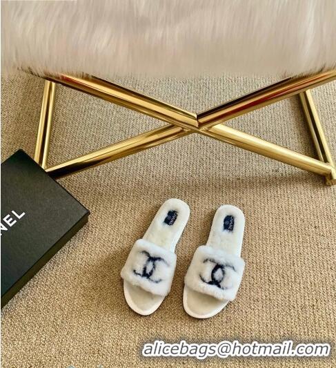 Top Quality Chanel Wool Flat Sandals CC0602 White/Black 2020