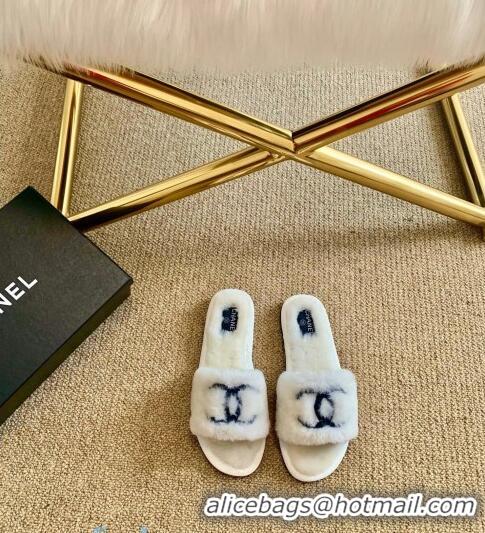 Top Quality Chanel Wool Flat Sandals CC0602 White/Black 2020