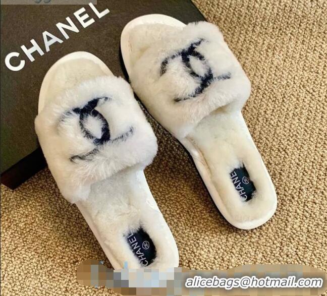 Top Quality Chanel Wool Flat Sandals CC0602 White/Black 2020