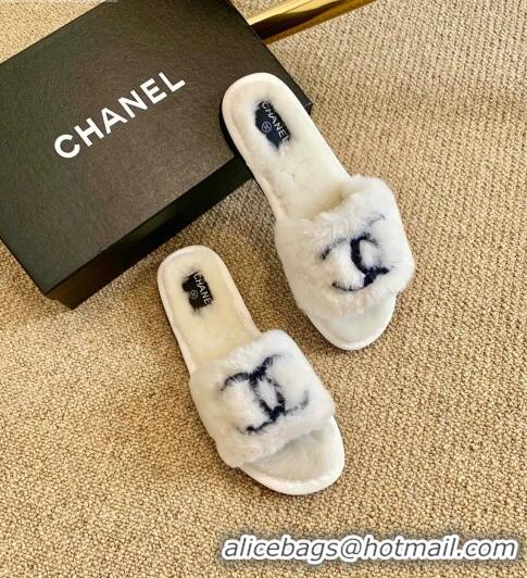 Top Quality Chanel Wool Flat Sandals CC0602 White/Black 2020