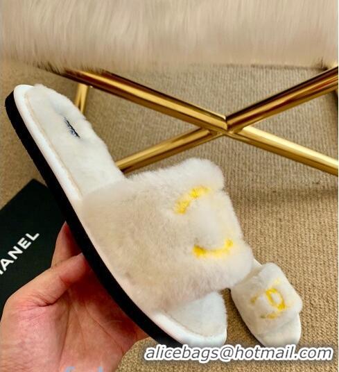 Lower Price Chanel Wool Flat Sandals CC0602 White/Gold 2020