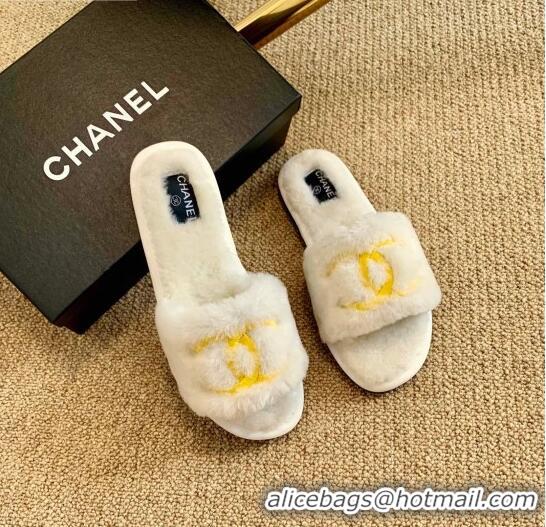 Lower Price Chanel Wool Flat Sandals CC0602 White/Gold 2020