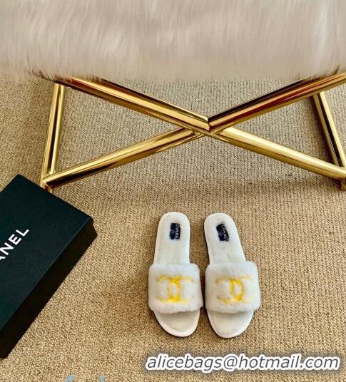 Lower Price Chanel Wool Flat Sandals CC0602 White/Gold 2020