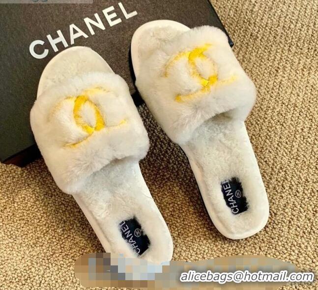 Lower Price Chanel Wool Flat Sandals CC0602 White/Gold 2020