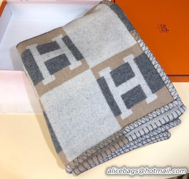 Top Design Hermes Wool Cashmere H Checker Blanket 180x135cm 81630 Grey