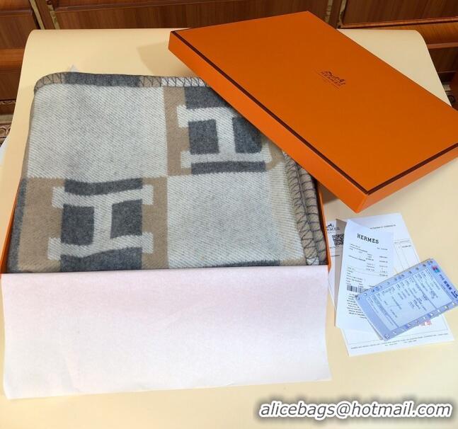 Top Design Hermes Wool Cashmere H Checker Blanket 180x135cm 81630 Grey