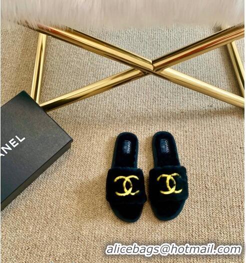 Super Quality Chanel Wool Flat Sandals CC0602 Blue/Gold 2020