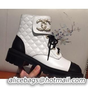 Super Quality Chanel Quilted Lambskin Chain CC Lace-ups Short Boots G36424 White 2020