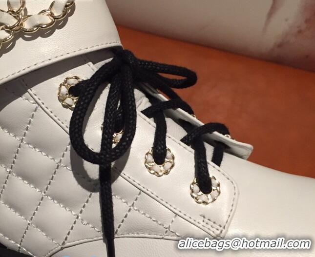 Super Quality Chanel Quilted Lambskin Chain CC Lace-ups Short Boots G36424 White 2020