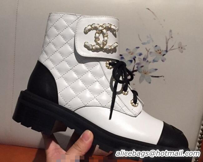 Super Quality Chanel Quilted Lambskin Chain CC Lace-ups Short Boots G36424 White 2020