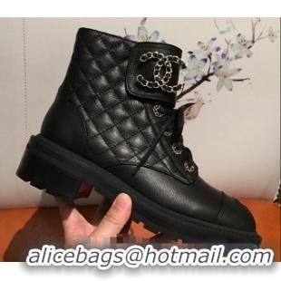 Low Cost Chanel Quilted Lambskin Chain CC Lace-ups Short Boots G36424 Black 2020