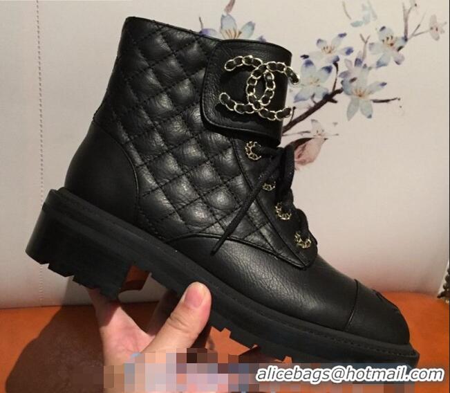 Low Cost Chanel Quilted Lambskin Chain CC Lace-ups Short Boots G36424 Black 2020