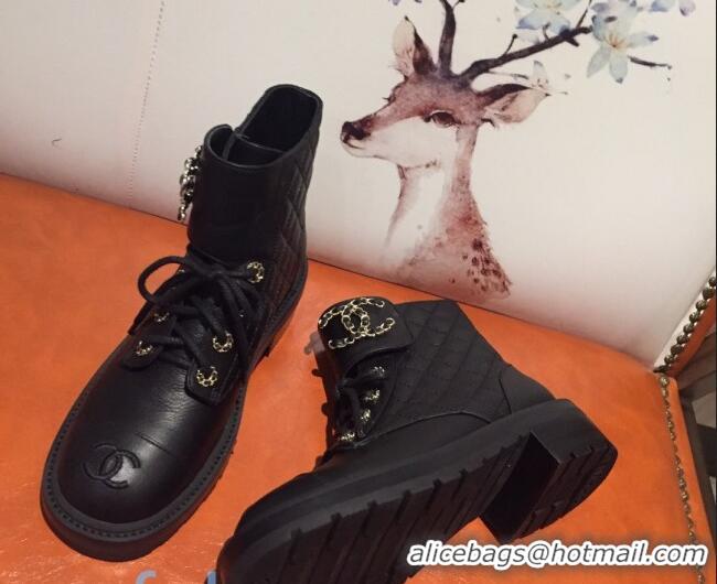 Low Cost Chanel Quilted Lambskin Chain CC Lace-ups Short Boots G36424 Black 2020