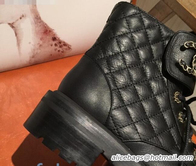 Low Cost Chanel Quilted Lambskin Chain CC Lace-ups Short Boots G36424 Black 2020