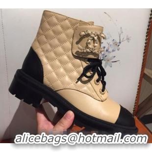 Super Quality Chanel Quilted Lambskin Chain CC Lace-ups Short Boots G36424 Beige 2020