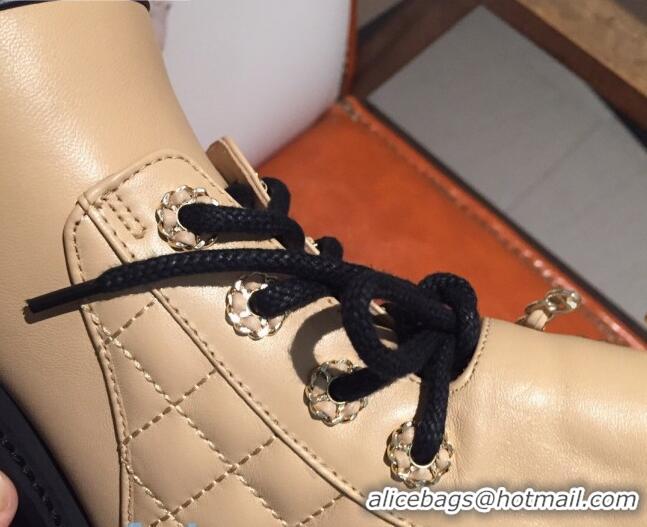 Super Quality Chanel Quilted Lambskin Chain CC Lace-ups Short Boots G36424 Beige 2020