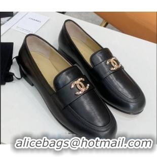 Low Cost Chanel Lambskin Crystal CC Loafers G80626 Black 2020