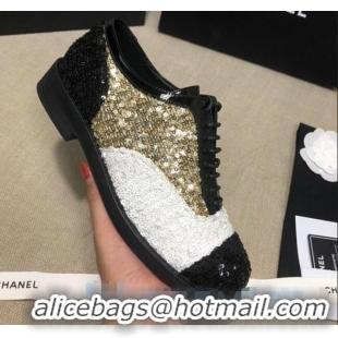 Discount Chanel Sequins and Patent Calfskin Lace-ups Shoes G36208 Gold/White/Black 2020