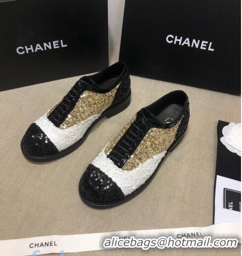 Discount Chanel Sequins and Patent Calfskin Lace-ups Shoes G36208 Gold/White/Black 2020