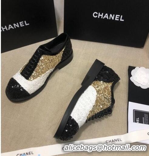 Discount Chanel Sequins and Patent Calfskin Lace-ups Shoes G36208 Gold/White/Black 2020