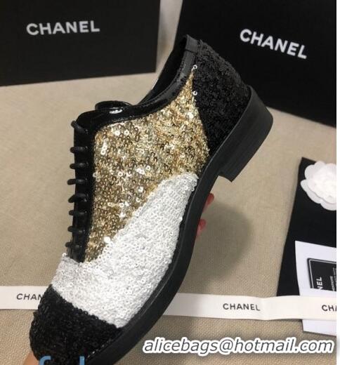 Discount Chanel Sequins and Patent Calfskin Lace-ups Shoes G36208 Gold/White/Black 2020