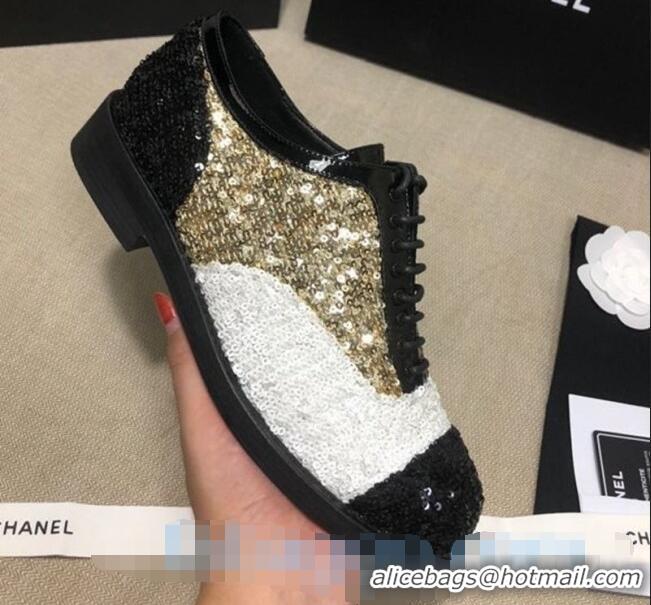 Discount Chanel Sequins and Patent Calfskin Lace-ups Shoes G36208 Gold/White/Black 2020