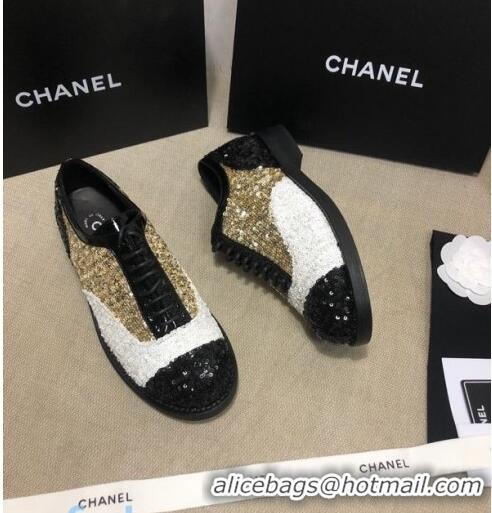 Discount Chanel Sequins and Patent Calfskin Lace-ups Shoes G36208 Gold/White/Black 2020