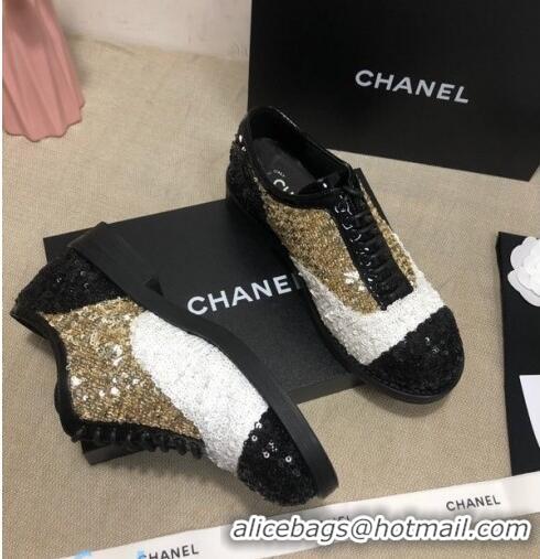 Discount Chanel Sequins and Patent Calfskin Lace-ups Shoes G36208 Gold/White/Black 2020