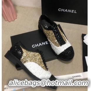 Good Product Chanel Sequins and Patent Calfskin Lace-ups Shoes G36208 Gold/White/Black 02 2020