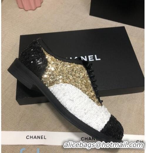 Good Product Chanel Sequins and Patent Calfskin Lace-ups Shoes G36208 Gold/White/Black 02 2020