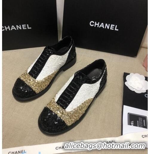 Good Product Chanel Sequins and Patent Calfskin Lace-ups Shoes G36208 Gold/White/Black 02 2020