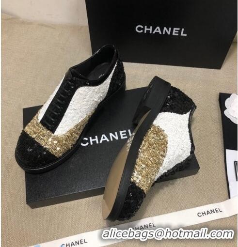 Good Product Chanel Sequins and Patent Calfskin Lace-ups Shoes G36208 Gold/White/Black 02 2020